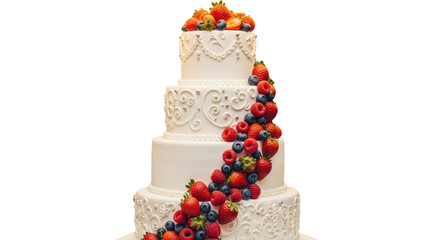 White cake with strawberries and blueberries on top. isolated illustration transparent background
