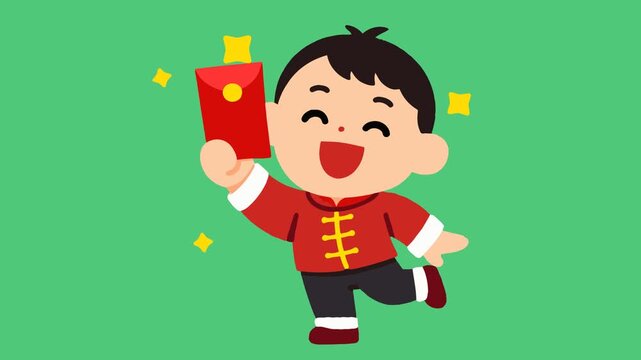 Happy child holding red envelope with gold stars, celebrating Chinese New Year