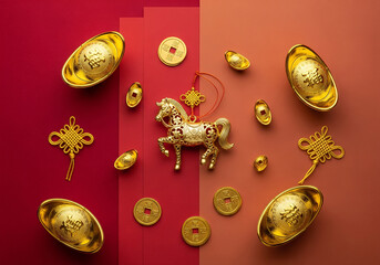 Golden horse figurine and Chinese New Year decorations on red background