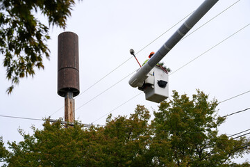 Arborist with a saw in a lift bucket pruning tree branches to keep them away from power lines, utility preventative maintenance work to keep the electricity on constantly 
