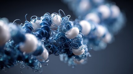3D rendering of protein molecule, ribbon structure, blue and white tones, scientific accuracy, laboratory background	