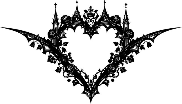 Elegant gothic heart with roses and ornate details, perfect for wedding invitations, dark romance designs, and unique Valentine's Day projects