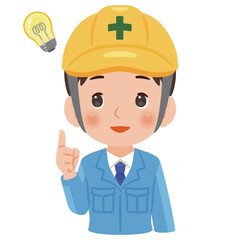 閃く作業服を着てヘルメットを被った男性　上半身イラスト／Man wearing work clothes and a safety helmet having an idea, upper body illustration