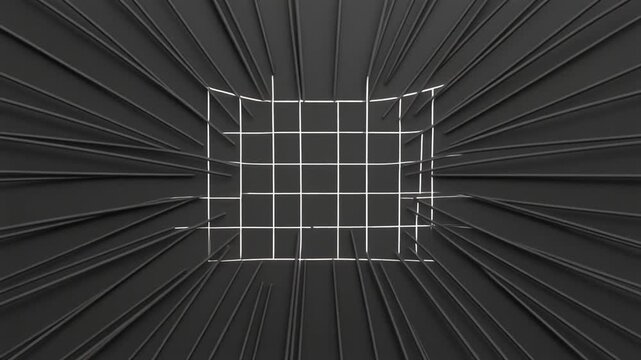 Dynamic abstract 3D grid structure in a dark space with radiating lines, creating a visual depth illusion