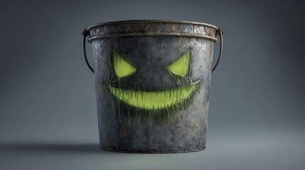 Menacing rusty metal bucket featuring an eerie glowing green carved jack o lantern style face with dripping slime isolated against a dark neutral background for spooky seasonal fun
