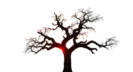 Tree with no leaves and branches is silhouetted against a white background. isolated illustration transparent background