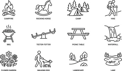 Outdoor recreation icons set line style camping hiking picnic nature activities summer travel outline vector symbols isolated design