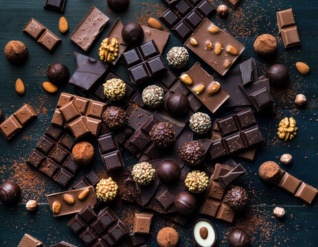 Assorted gourmet chocolate pieces and pralines on dark blue wood background