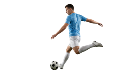 Dynamic male athlete delivering a powerful soccer kick during an intense match, showcasing skill and athletic prowess with the ball in play, ready for goal on transparent background