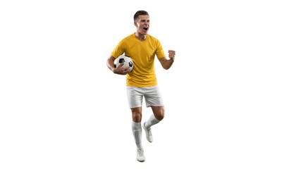 Male soccer player in yellow jersey intensely celebrates a crucial victory. He holds the football, pumping his fist, displaying triumph, joy, and athletic success on transparent background