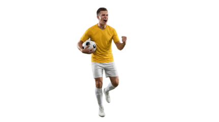 Male soccer player in yellow jersey intensely celebrates a crucial victory. He holds the football, pumping his fist, displaying triumph, joy, and athletic success on transparent background