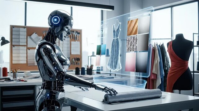 Chrome Humanoid Robot Engaged in Creative Design in a Bright Modern Studio Workshop