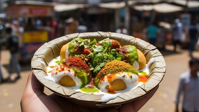 Hand Holding Dahi Bhalla Chaat in a Leaf Bowl at an Indian Street Food Stall curd yogurt