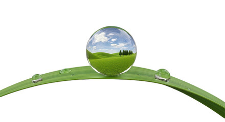 Green leaf with a clear sphere on top of it. isolated illustration transparent background