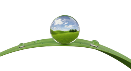 Green leaf with a clear sphere on top of it. isolated illustration transparent background