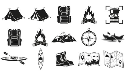 Camping & Outdoor Adventure Icon Set &ndash; Black Silhouette Hiking, Travel & Exploration Symbols
