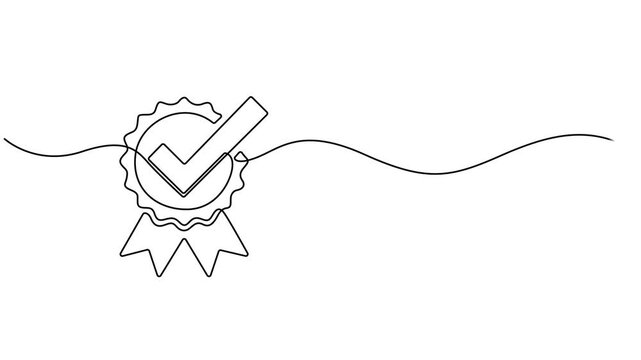 Award badge circle with checkmark continuous line drawing animation. Approval symbol animated video, Award badge with checkmark continuous one line drawing animation. Approval check with wave line.