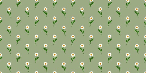 Seamless floral pattern with small white daisy flowers and green leaves on a soft sage background, creating a cute and natural design perfect for wallpaper, fabric, and spring themes © Ina Kariim