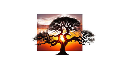 Tree with a sun shining through its branches. isolated illustration transparent background