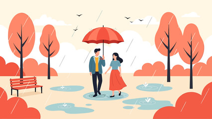 Couple walking under umbrella in autumn rain.