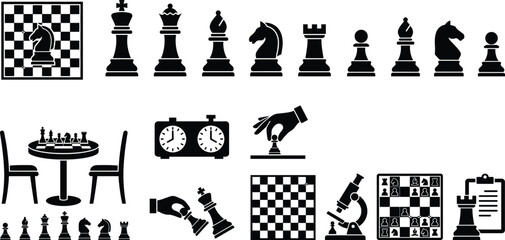 Chess icons set, strategy game symbols, pieces boards clocks moves silhouettes, vector illustration collection, black white tournament education planning design © MDALRAFIN
