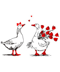 Romantic goose couple in love with red roses and hearts, black and red minimalist illustration for Valentine’s Day, wedding, and love designs © Designiland