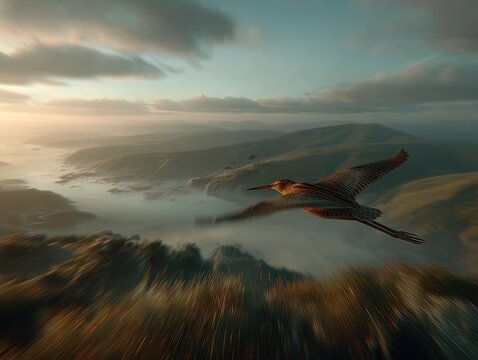 Seabird gliding low above misty coastal cliffs at sunrise capturing speed freedom cinematic motion and expansive ocean atmosphere - Powered by Adobe