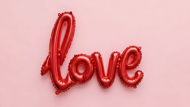 Red foil love balloon on a pink background for Valentine's Day.