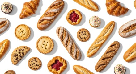 A variety of baked goods and pastries on a white background.
