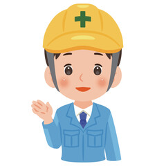 案内する作業服を着てヘルメットを被った男性　上半身イラスト／Man wearing work clothes and a safety helmet guiding or pointing, upper body illustration