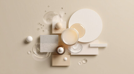 minimal cosmetic flat lay background, neutral skincare product composition, abstract beauty branding scene
