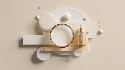 minimal cosmetic flat lay background, neutral skincare product composition, abstract beauty branding scene

