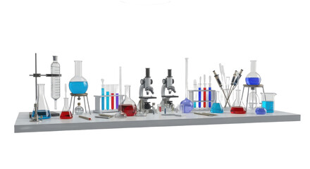 Table full of scientific equipment and chemicals. isolated illustration transparent background