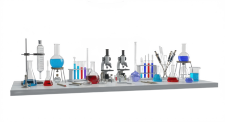Table full of scientific equipment and chemicals. isolated illustration transparent background