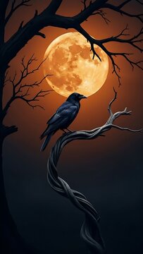 A lone black crow on a twisted branch under a luminous orange full moon on a dark, mysterious night, an atmospheric Halloween Background for eerie autumn designs