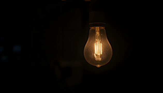 Glowing light bulb against a dark background, casting a warm light in the darkness