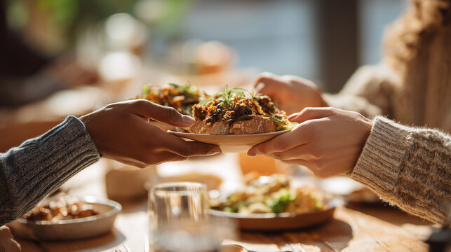 sharing food at cozy dinner table, hands passing plate of food, warm communal dining moment
