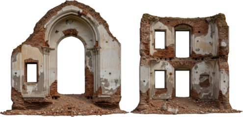 Weathered red brick and stucco ruins of an old building facade showing a tall arched doorway and several rectangular window openings isolated on a transparent background Architecture
