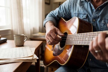 Obraz premium Musician in denim shirt strumming acoustic guitar strings near wooden table with sheet music