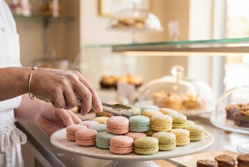 Professional baker arranging pastel colored macarons on a serving platter using metal tongs