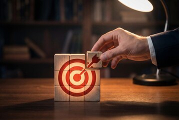 Businessman hand placing the final wooden block to complete a red target symbol on a desk