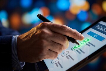 Businessman hand using stylus to tap green checkmark on glowing digital tablet checklist screen