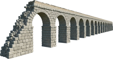 Stone archway structure resembling an ancient Roman aqueduct segment displays a long row of arches receding into the distance with a damaged section showing rubble spilling from the end