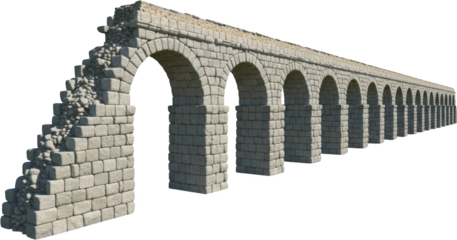 Stone archway structure resembling an ancient Roman aqueduct segment displays a long row of arches receding into the distance with a damaged section showing rubble spilling from the end