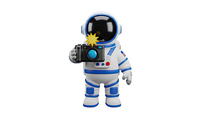 3D Cute astronaut holding a camera with a flash on transparent background