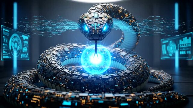 Futuristic robotic snake guarding a glowing orb