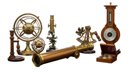 Collection of antique scientific instruments including a telescope, a compass. isolated illustration transparent background