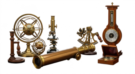 Collection of antique scientific instruments including a telescope, a compass. isolated illustration transparent background