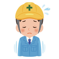 謝罪する作業服を着てヘルメットを被った男性　上半身イラスト／Man wearing work clothes and a safety helmet apologizing, upper body illustration