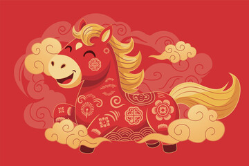 Festive red chinese zodiac horse with golden clouds